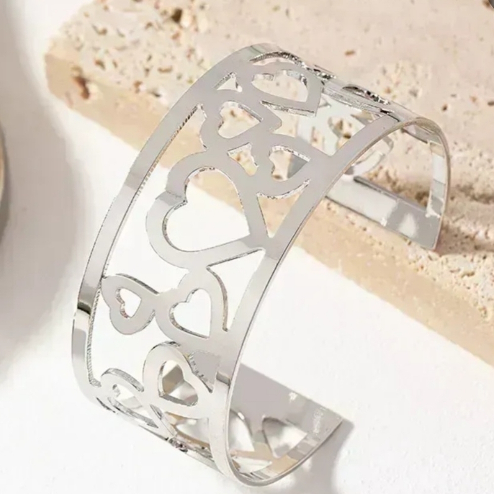 Silver Heart Cuff Bracelet with Intricate Cut-Outs - Picture 4 of 10